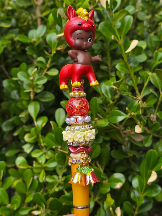 Character Topper, Plastic, Refillable, Beaded Pen